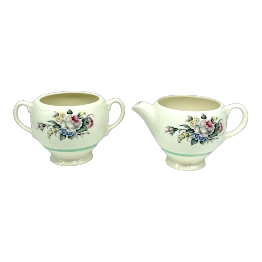 SALEM CHINA Co "Princess" Sugar Bowl & Creamer ~ Flowers w/ Green Stripe HTF!